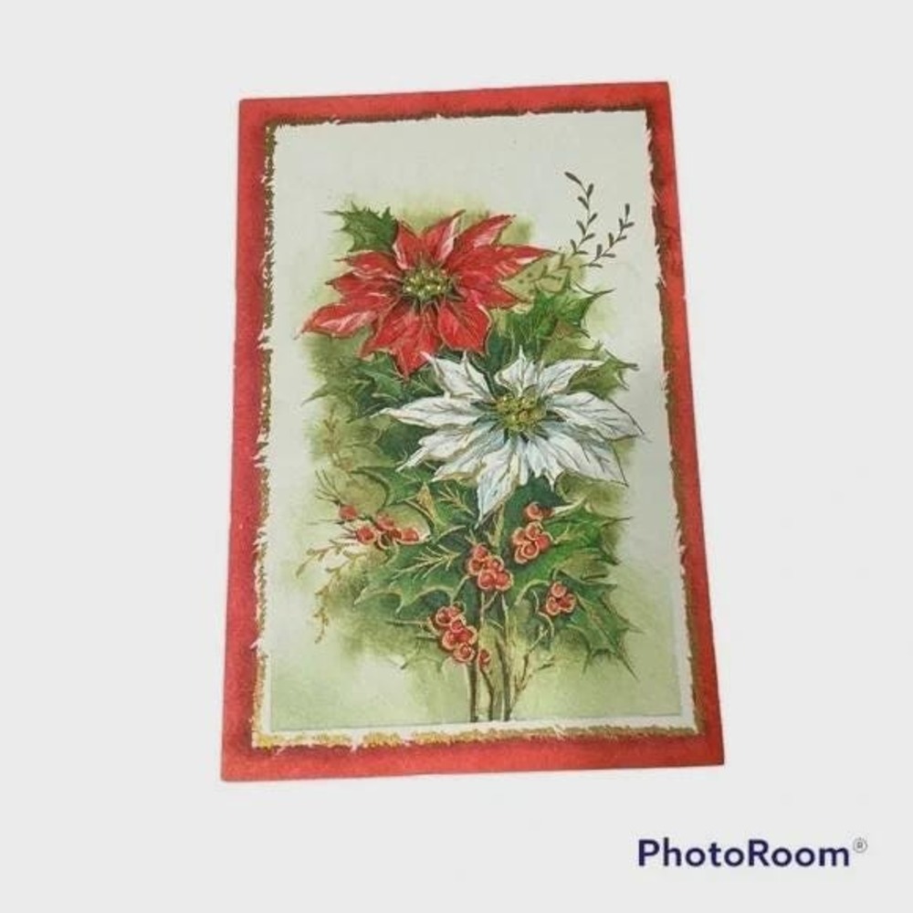 Vintage LR Studios Christmas Card Poinsettia Holly Metropolitan Greetings USA